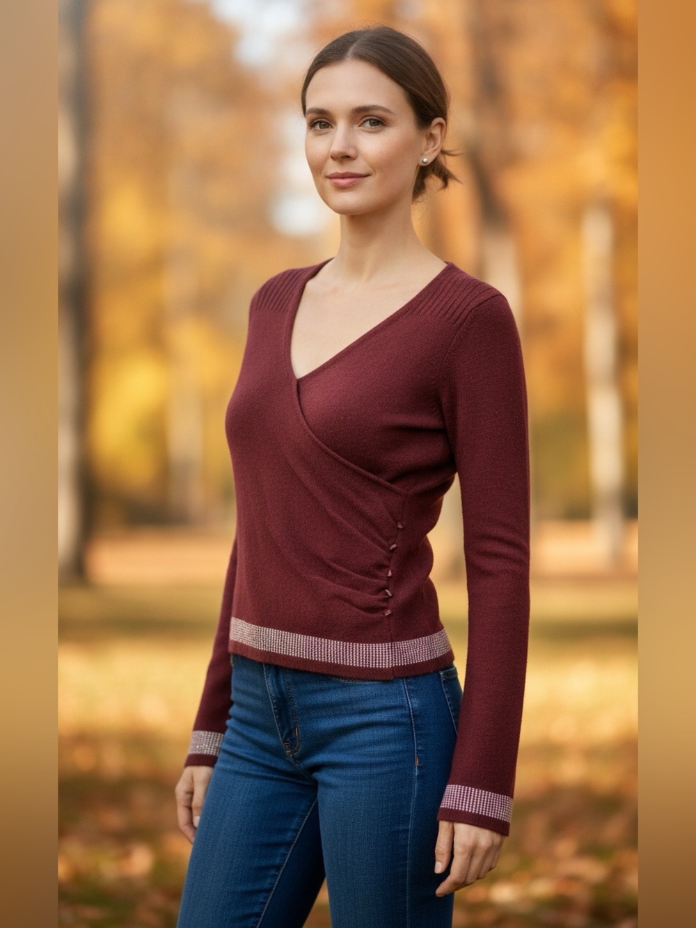 Wrap-Style V-Neck Sweater in Burgundy Cashmere, Wool, Angora
